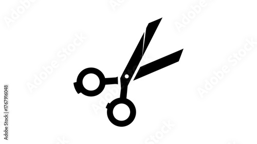 A black and white illustration of scissors with open blades and circular finger holes against a white background