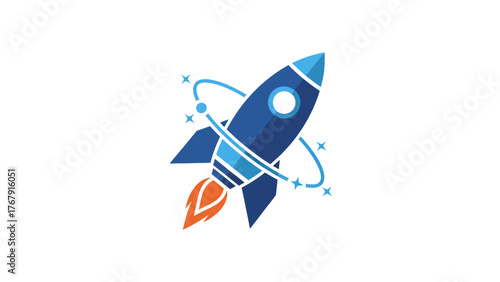 A stylized rocket design featuring a blue spacecraft with orange flames and orbiting stars, on a white background