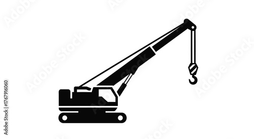 Simple black and white illustration of a construction tower crane machine