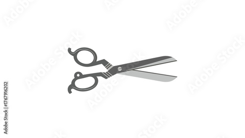 A grayscale, simple illustration of scissors. Blades are open, handles have loops