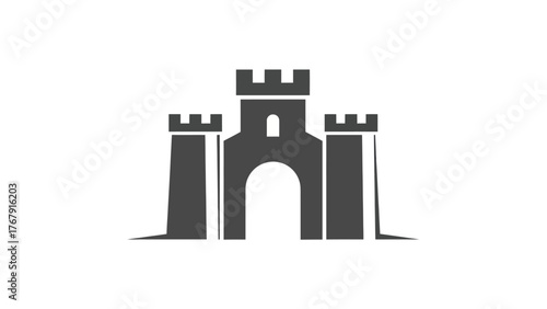 A grayscale illustration of a medieval fortress or castle with a central gate