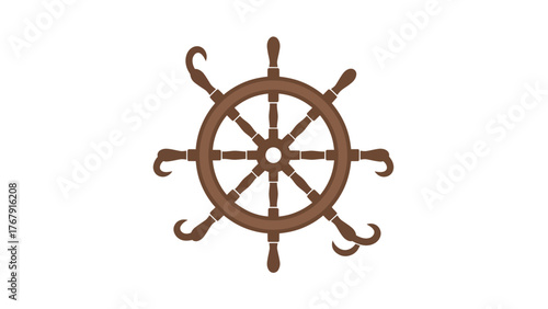 A brown ship's wheel with curved handles, a circular design on a plain white background