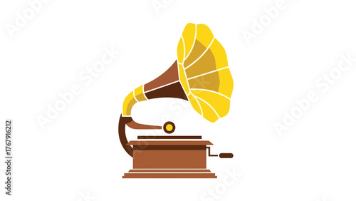 A cartoon-style illustration shows a gramophone with a vibrant yellow horn and brown details