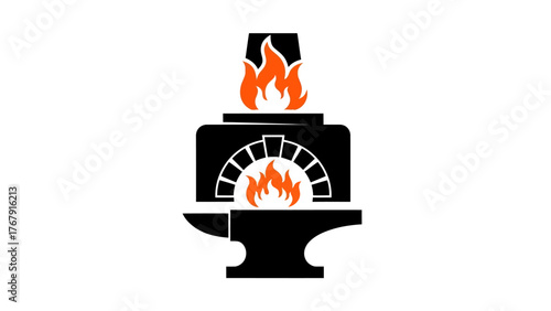 A stylized blacksmithing scene furnace with flames, anvil