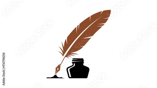 Artistic depiction of a feather quill pen dipped in ink with an inkwell, classic writing