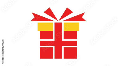 A vibrant, geometric gift box with a red body, a yellow top, and a red bow