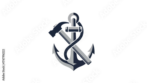A nautical-themed logo depicting an anchor intertwined with a hammer, in a gray and navy palette