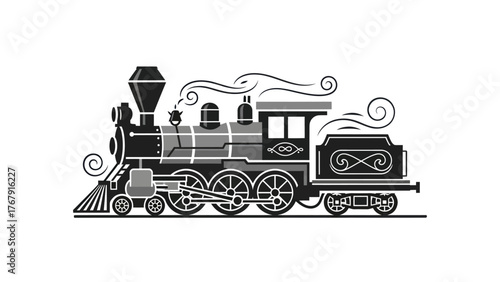Black and gray cartoon illustration of a vintage steam train with decorative swirls
