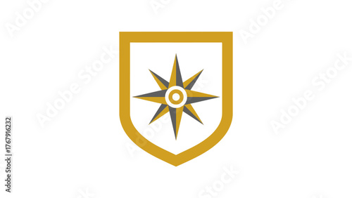 A golden shield contains an eight-point starburst design with a small inner circle