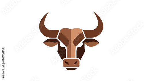 Geometric illustration of a bull's head with stylized features and curved horns on a white backdrop