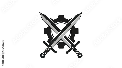 A crossed-sword emblem featuring two blades overlapping a gear in a gray, white, and black design