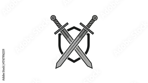 A grayscale emblem featuring two crossed swords in front of a shield. The background is white