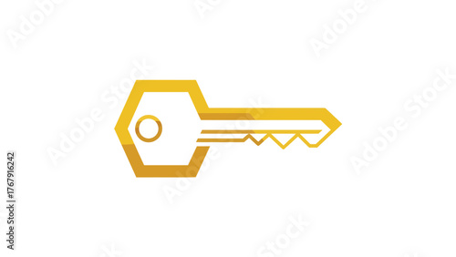 A golden, stylized key on a white background, featuring a hexagon-shaped head and a serrated edge