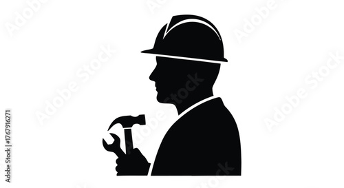 Silhouette of a construction worker holding tools within a circular frame