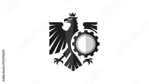 A stylized emblem, features a crowned eagle clutching a gear, set on a white background