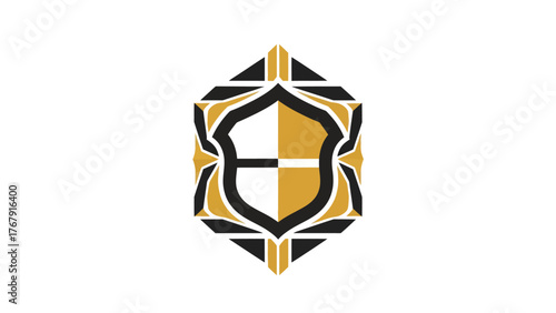 A geometric emblem features a shield-like shape divided vertically with contrasting colors, surrounded by angular elements