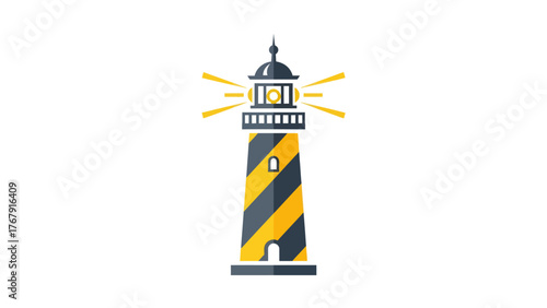 A stylized lighthouse graphic with a yellow and gray striped body and bright, radiating light beams
