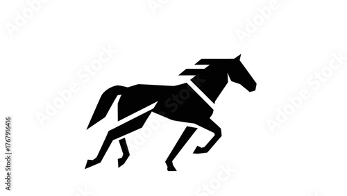 A geometric illustration of a horse running, rendered in bold black lines against a white background