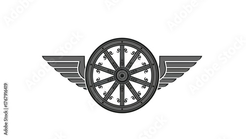 A stylized emblem of a wagon wheel flanked by wings, rendered in grayscale