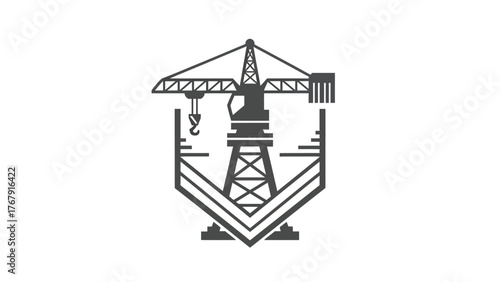 A geometric construction crane graphic is centered with a shield-like frame against a white backdrop