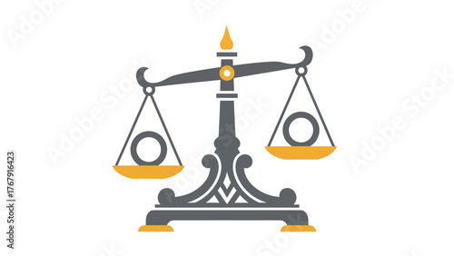 Simplified illustration of a justice scale with grey and yellow elements, isolated on a white background