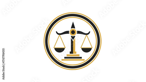 A circular emblem features a scale of justice, set within rings of black and gold