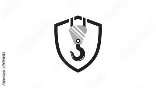 A construction symbol of a crane hook inside of a shield, designed with gray and black colors