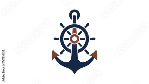 Stylized nautical emblem features an anchor with a ship's wheel on top,  rendered in flat colors