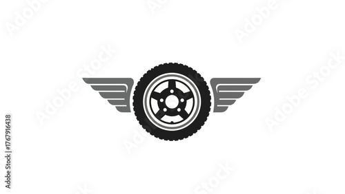 A tire graphic with wings extending from sides, centered on white background. Tire has central spokes