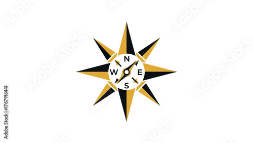 A compass rose graphic with black and gold shapes, featuring directional points, and a white background