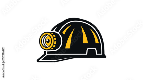 A black and gold illustration of a hard hat with a circular headlight. It's on a white backdrop