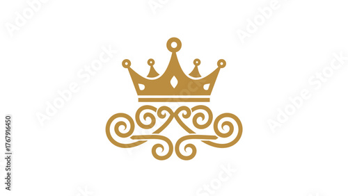 A regal crown sits atop an ornate design, golden hue, set against a pristine white background