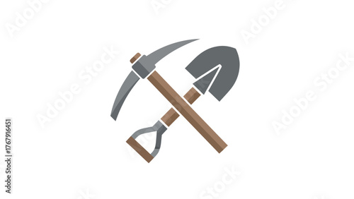 Minimalist illustration featuring a pickaxe and shovel crossed over each other against a white backdrop