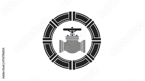 A mechanical valve is centered inside a stylized geometric circular element