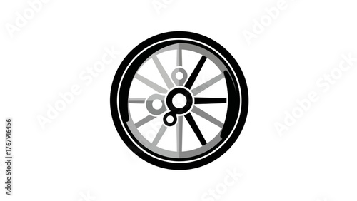 A grayscale circular design features stylized wheel with spokes, inner ring, and a central connecting element
