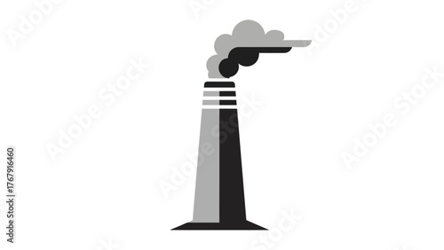 A black and grey industrial chimney emitting smoke against a white backdrop