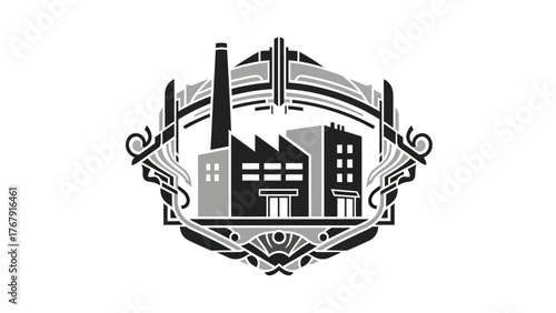 Industrial-themed illustration, factory buildings inside stylized ornate frame with Art Deco accents