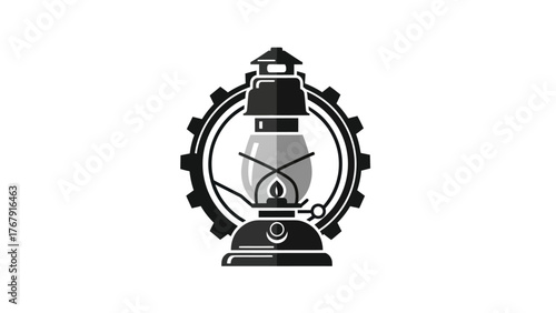 A stylized illustration depicting an oil lamp enclosed within a cogwheel