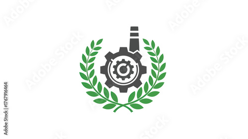A mechanical gear with chimney within a green leafy wreath, set against a plain white backdrop