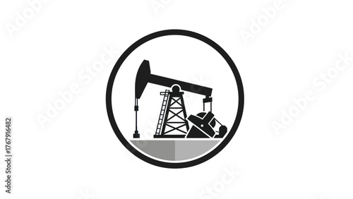 Stylized silhouette of an oil pump within a black circular frame, with a grey ground