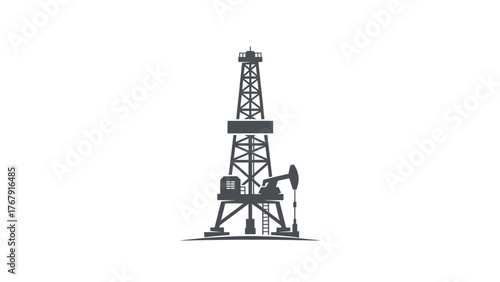 A monochrome illustration showcasing an oil rig, with a tall tower and a pumpjack visible