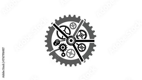 A steampunk-style gear mechanism comprised of multiple gears in grayscale tones, arranged in an overlapping design