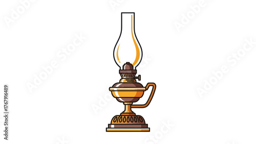 Illustration of an antique oil lamp with glass chimney, handle, and base, isolated on white background