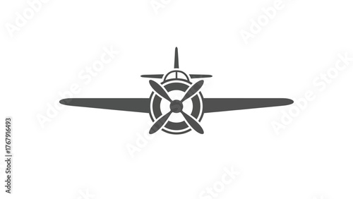 A stylized gray airplane with a propeller facing forward. Simple design on a plain white background
