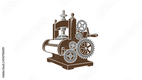 Illustration of a mechanical press with gears, a handle, and a cylindrical roller on a white background