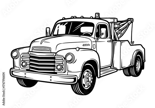 Black and white illustration of a vintage tow truck, perfect for transportation and roadside assistance.