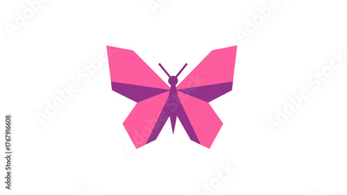 A geometric butterfly illustration in shades of pink and purple, set against a plain white background