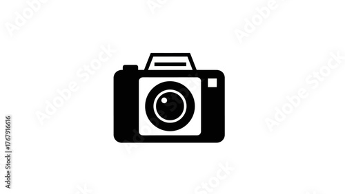 A black and white illustration of a digital camera, simple design, centered, on a white background