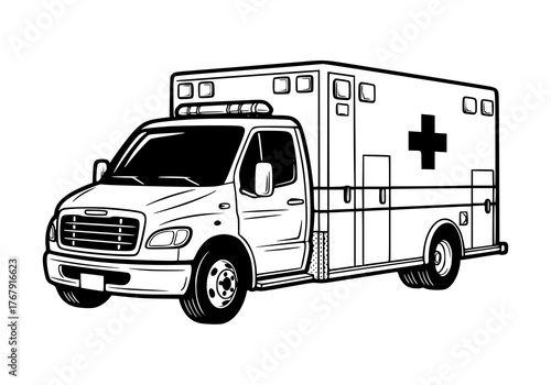 Black and white illustration of a medical emergency vehicle, ready for response.