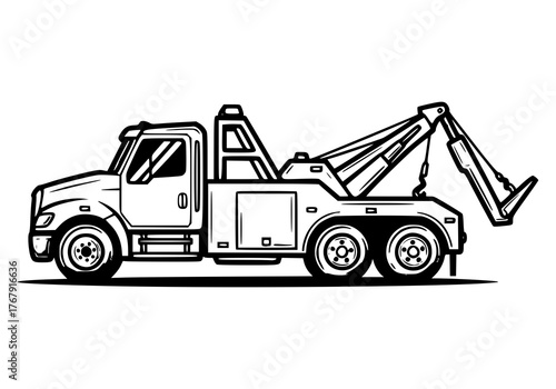 A black and white line art illustration of a tow truck shown in a side profile view.